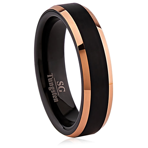 Black and Rose Gold Plated Tungsten Wedding Ring with Brushed Surface