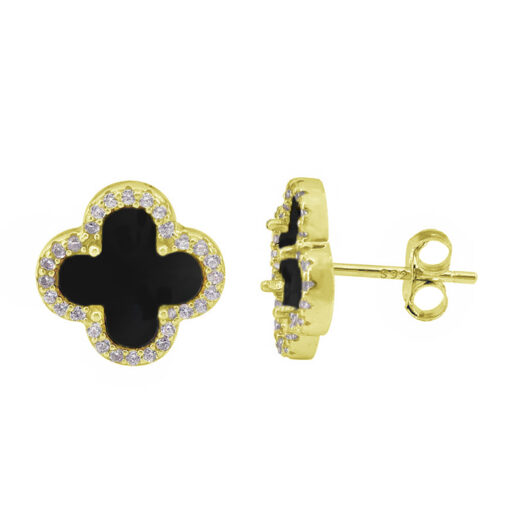 Sterling silver with gold, 4 leaf clover stud earring with cubic zirconia