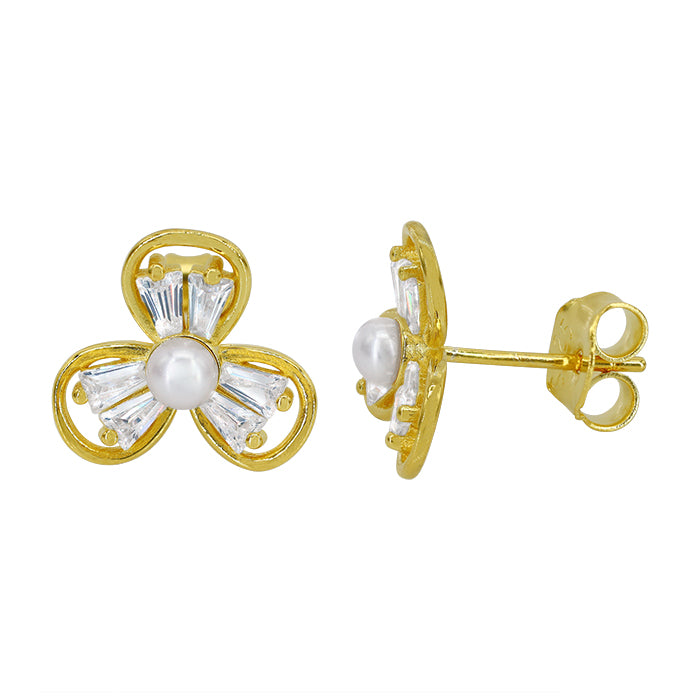 Sterling silver with gold flower stud earrings with freshwater pearl