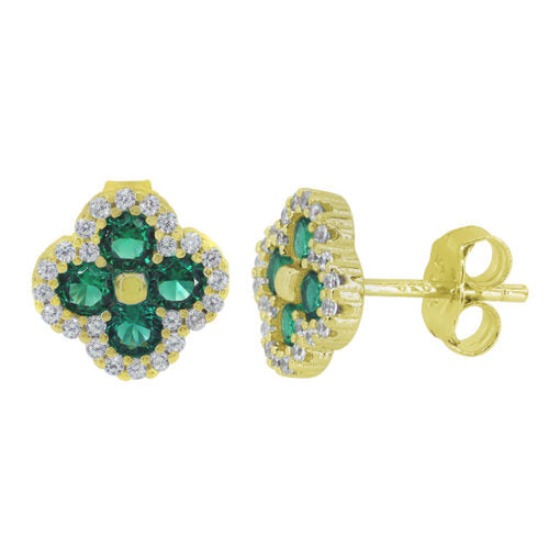 Sterling silver with gold, 4 leaf clover stud earrings with cubic zirconia