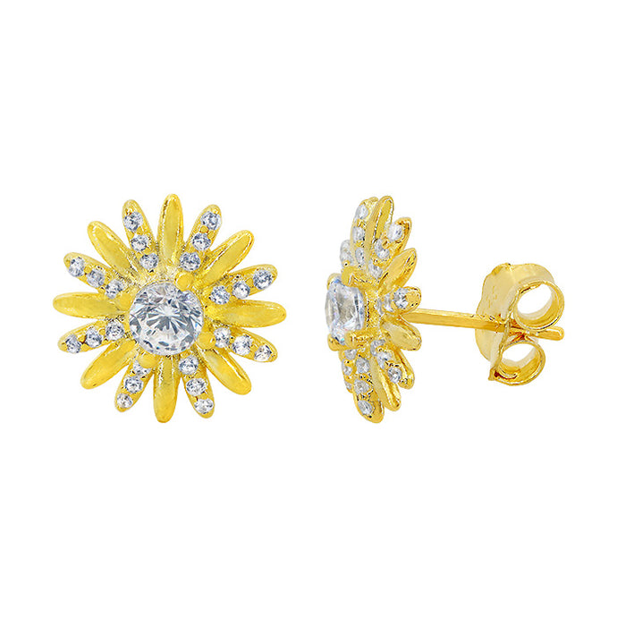 Sterling silver with gold flower stud earrings with cubic zirconia