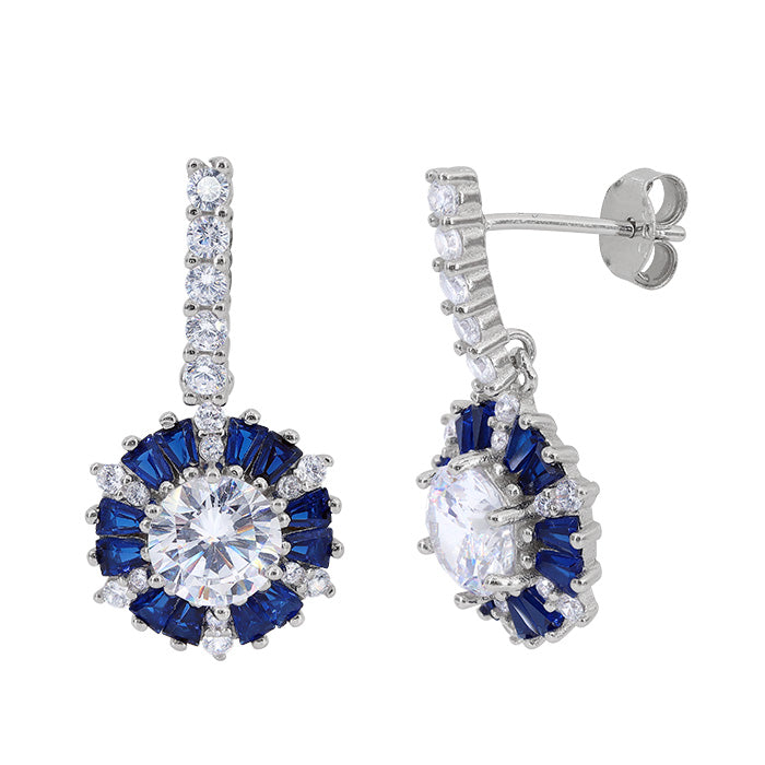 Sterling silver with rhodium, 13mm flower stud earring with cubic zirconia, 24mm length