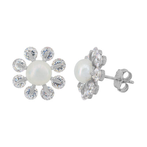 Sterling silver with rhodium, 14mm flower stud earrings with 5mm freshwater pearl