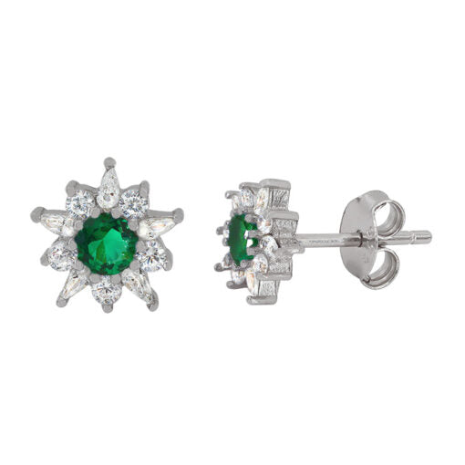 Sterling silver with rhodium, 7mm flower stud earrings with cubic zirconia