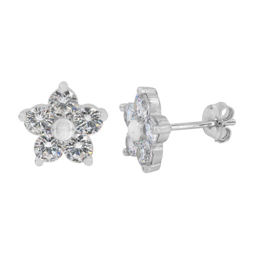 Sterling silver with rhodium, cubic zirconia flower stud earrings