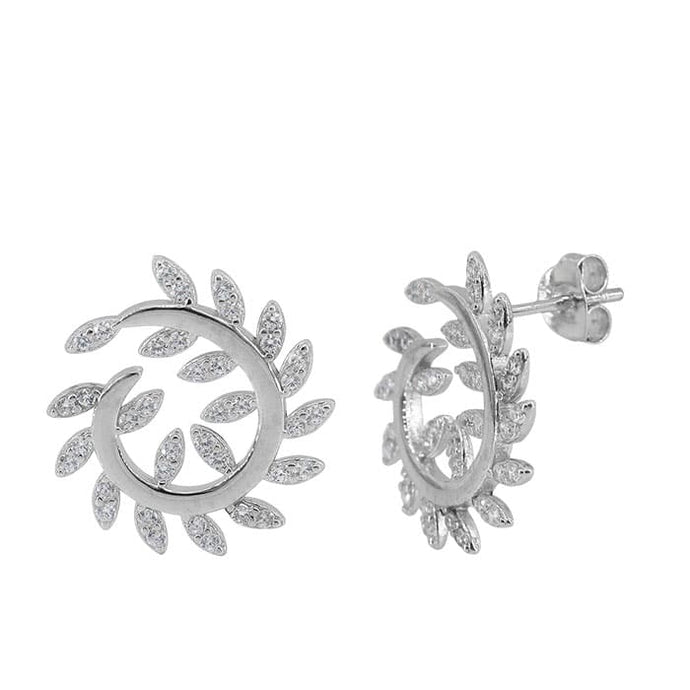 Sterling silver with rhodium leaves stud earrings with cubic zirconia