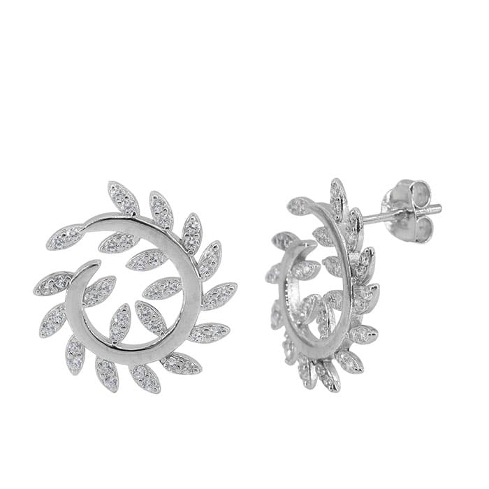 Sterling silver with rhodium leaves stud earrings with cubic zirconia